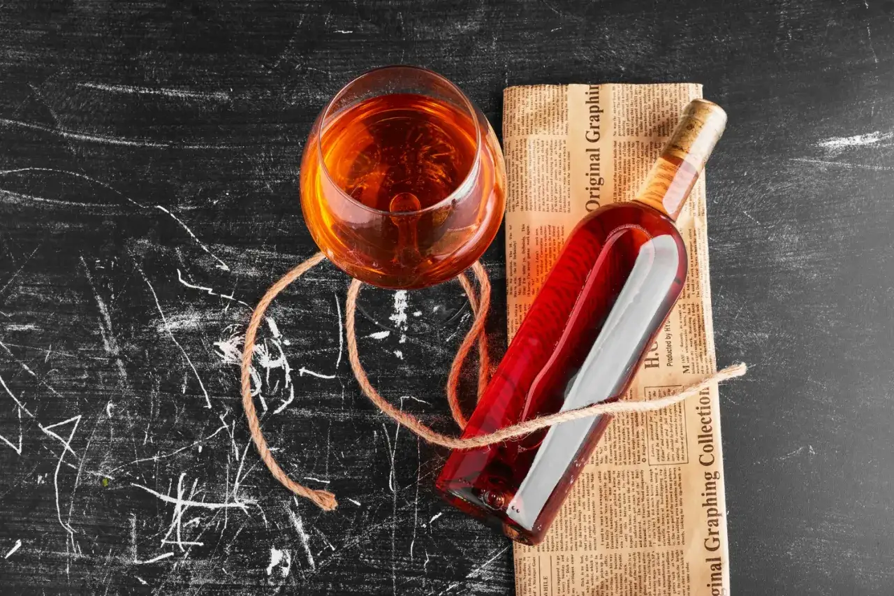 Butelka i kieliszek z bursztynowym płynem na gazecie. Zastanawiasz się, ile alkoholu można przywieźć z Hiszpanii do Polski?